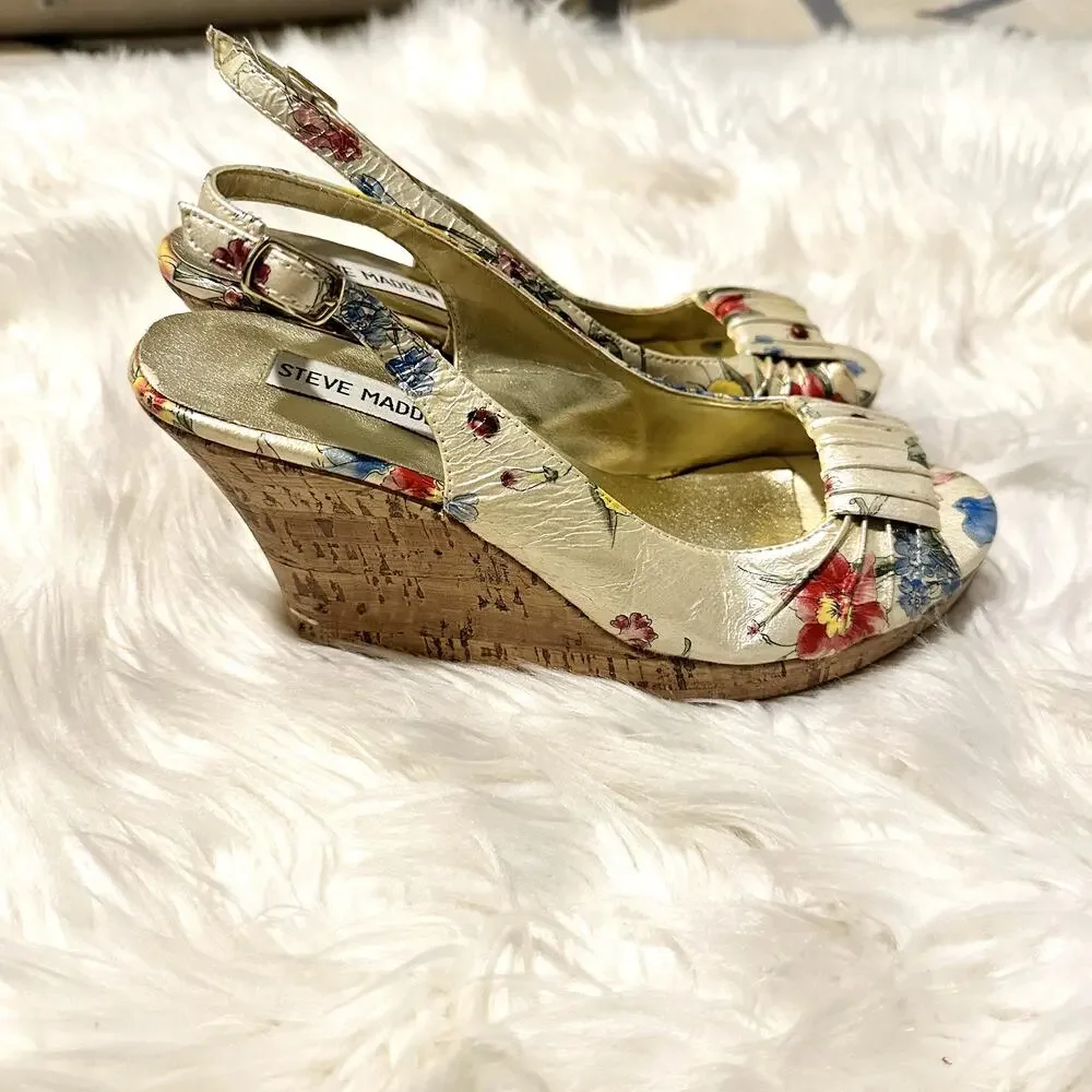 Steve Madden Y2K Floral Slingback Peep-toe Wedge Sz 7